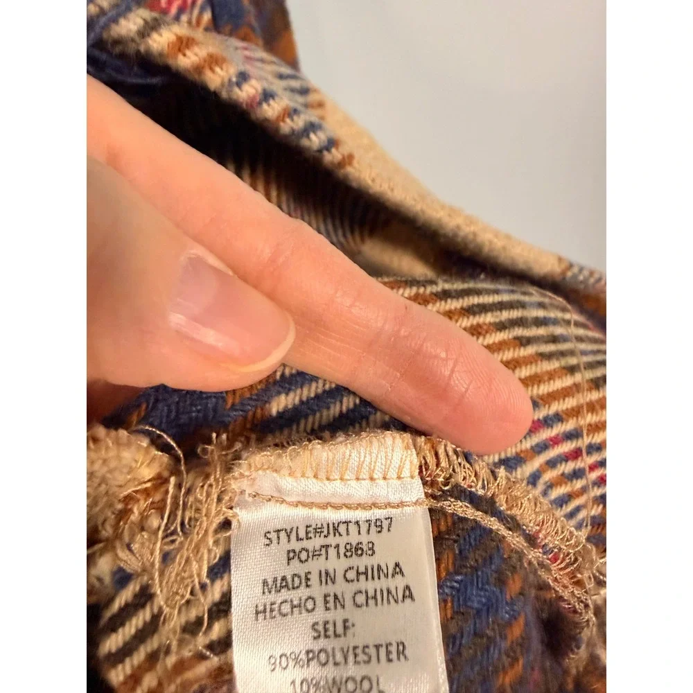 La Miel Plaid Wool Blend Shacket Womens Medium Tan Blue‎ Distressed JKT1797